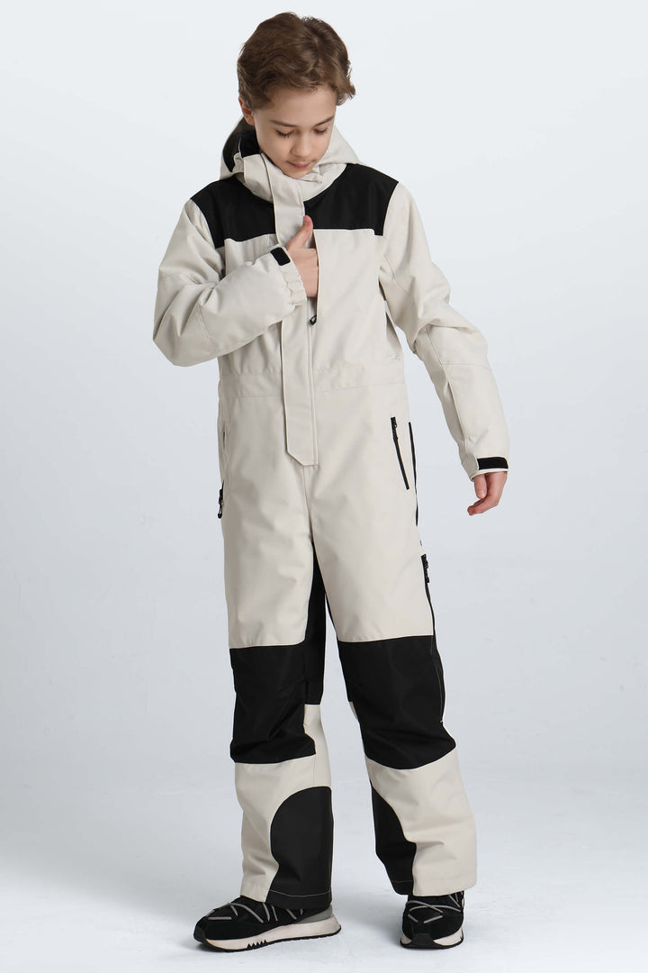 Boys' Off White Contrast-Panel Insulated One-Piece Ski Suit