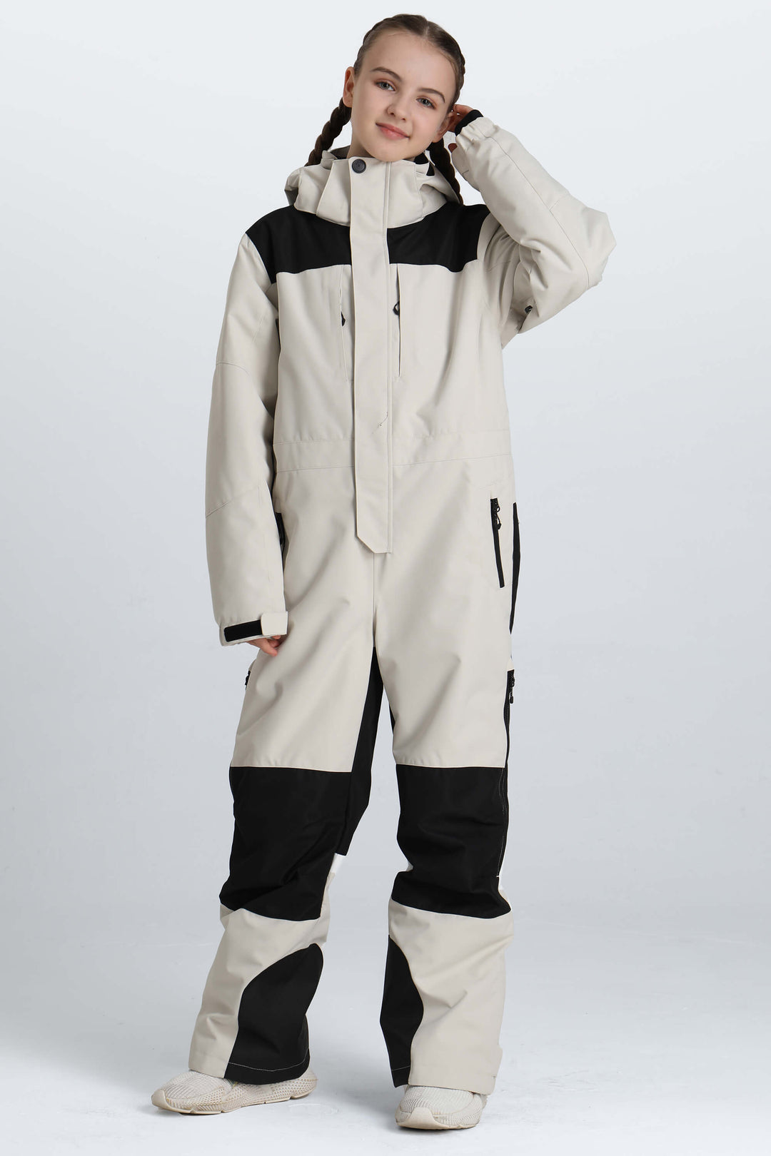 Girls' Black Contrast-Panel Insulated One-Piece Ski Suit