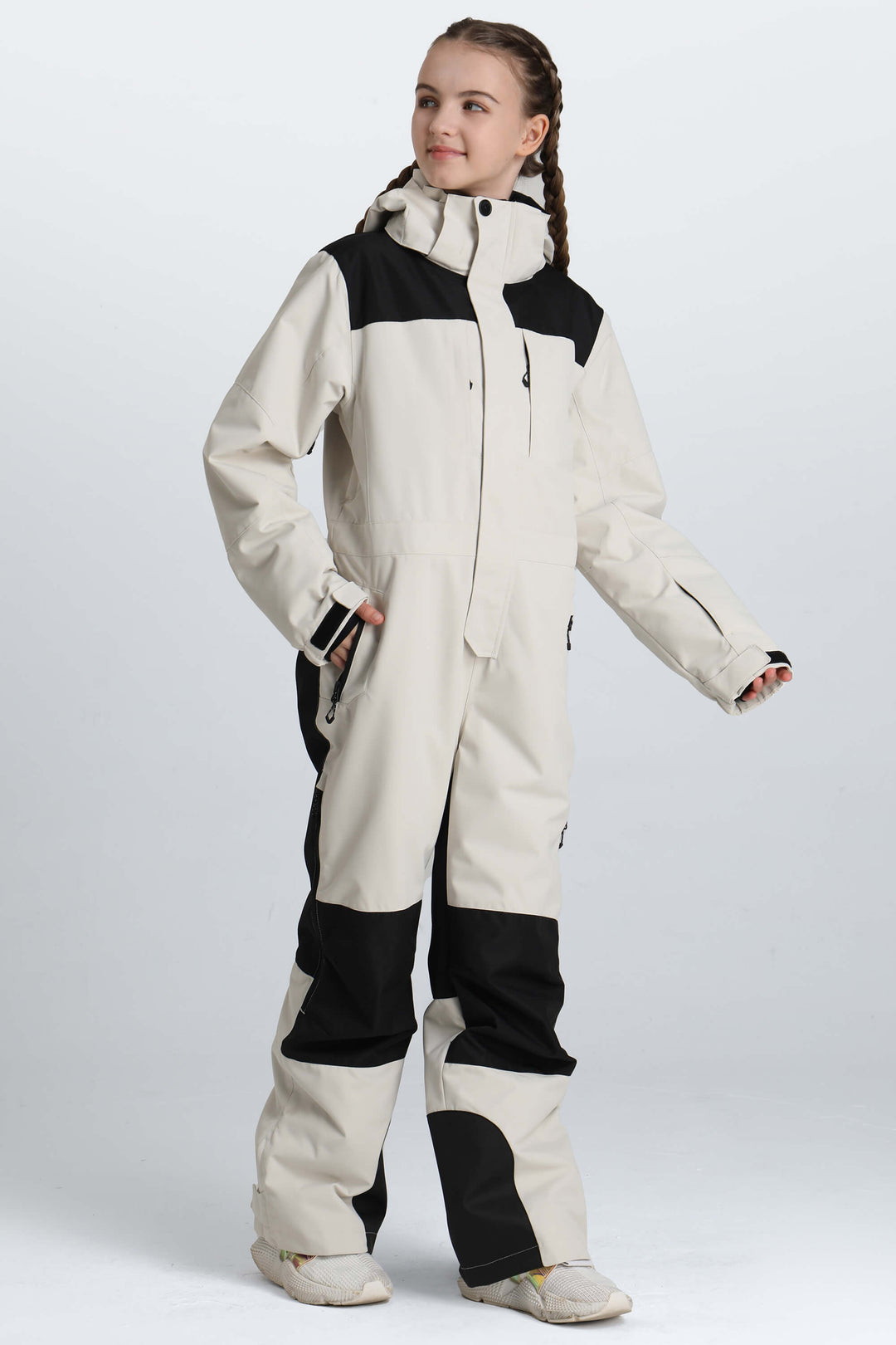 Girls' Black Contrast-Panel Insulated One-Piece Ski Suit