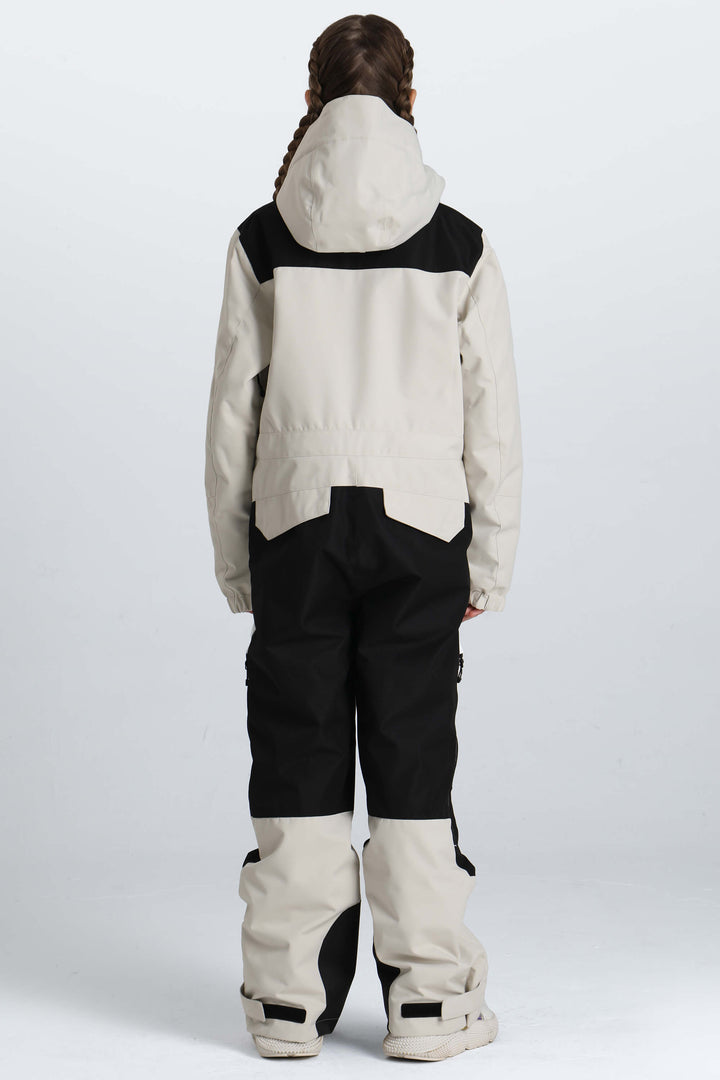 Girls' Off White Contrast-Panel Insulated One-Piece Ski Suit