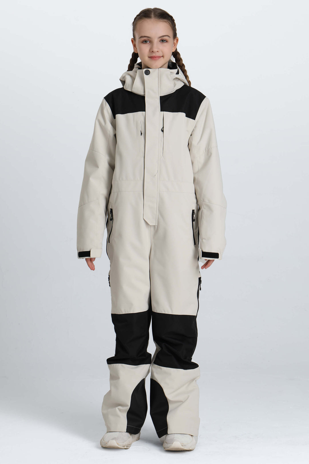 Girls' Off White Contrast-Panel Insulated One-Piece Ski Suit
