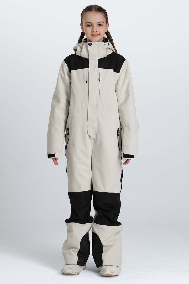 Girls' Off White Contrast-Panel Insulated One-Piece Ski Suit