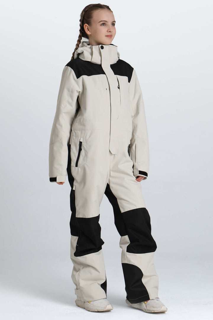 Girls' Off White Contrast-Panel Insulated One-Piece Ski Suit