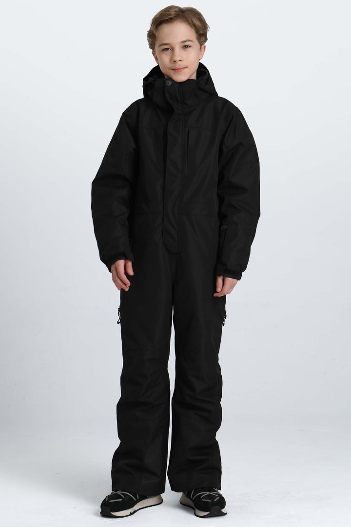 Boys' Off White Contrast-Panel Insulated One-Piece Ski Suit