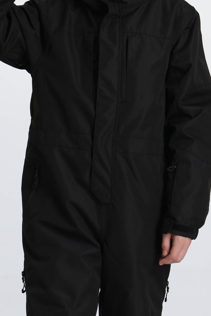 Boys' Black Contrast-Panel Insulated One-Piece Ski Suit