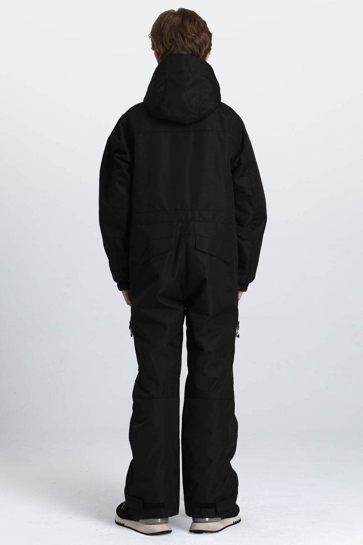 Boys' Black Contrast-Panel Insulated One-Piece Ski Suit