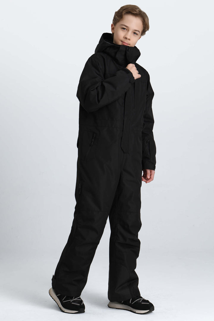 Boys' Black Contrast-Panel Insulated One-Piece Ski Suit