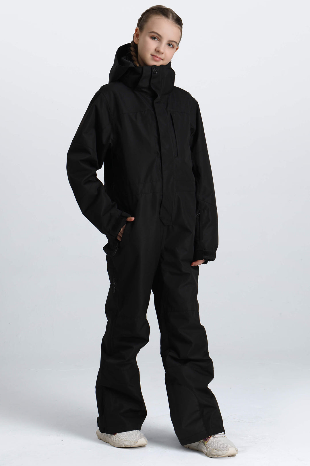 Girls' Black Contrast-Panel Insulated One-Piece Ski Suit
