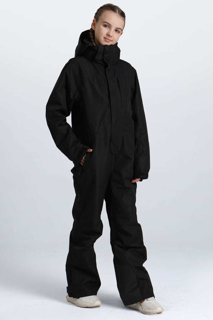Girls' Black Contrast-Panel Insulated One-Piece Ski Suit