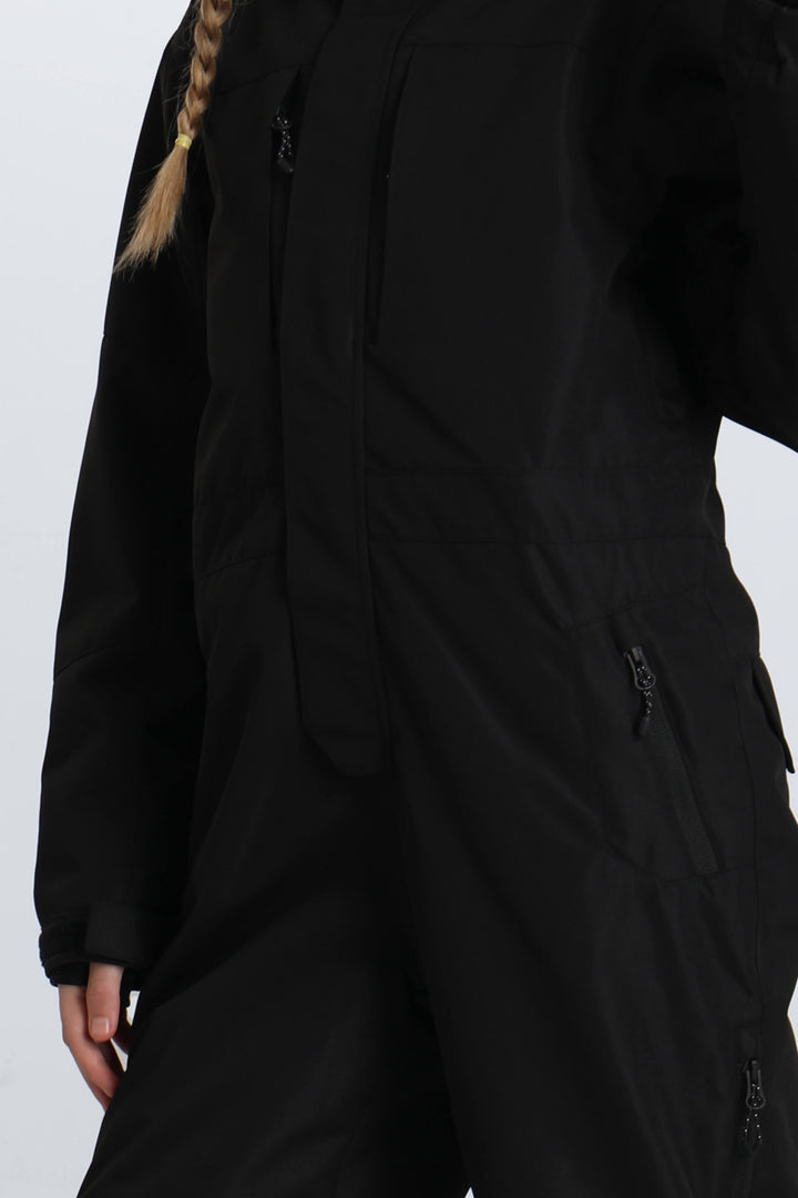 Girls' Black Contrast-Panel Insulated One-Piece Ski Suit