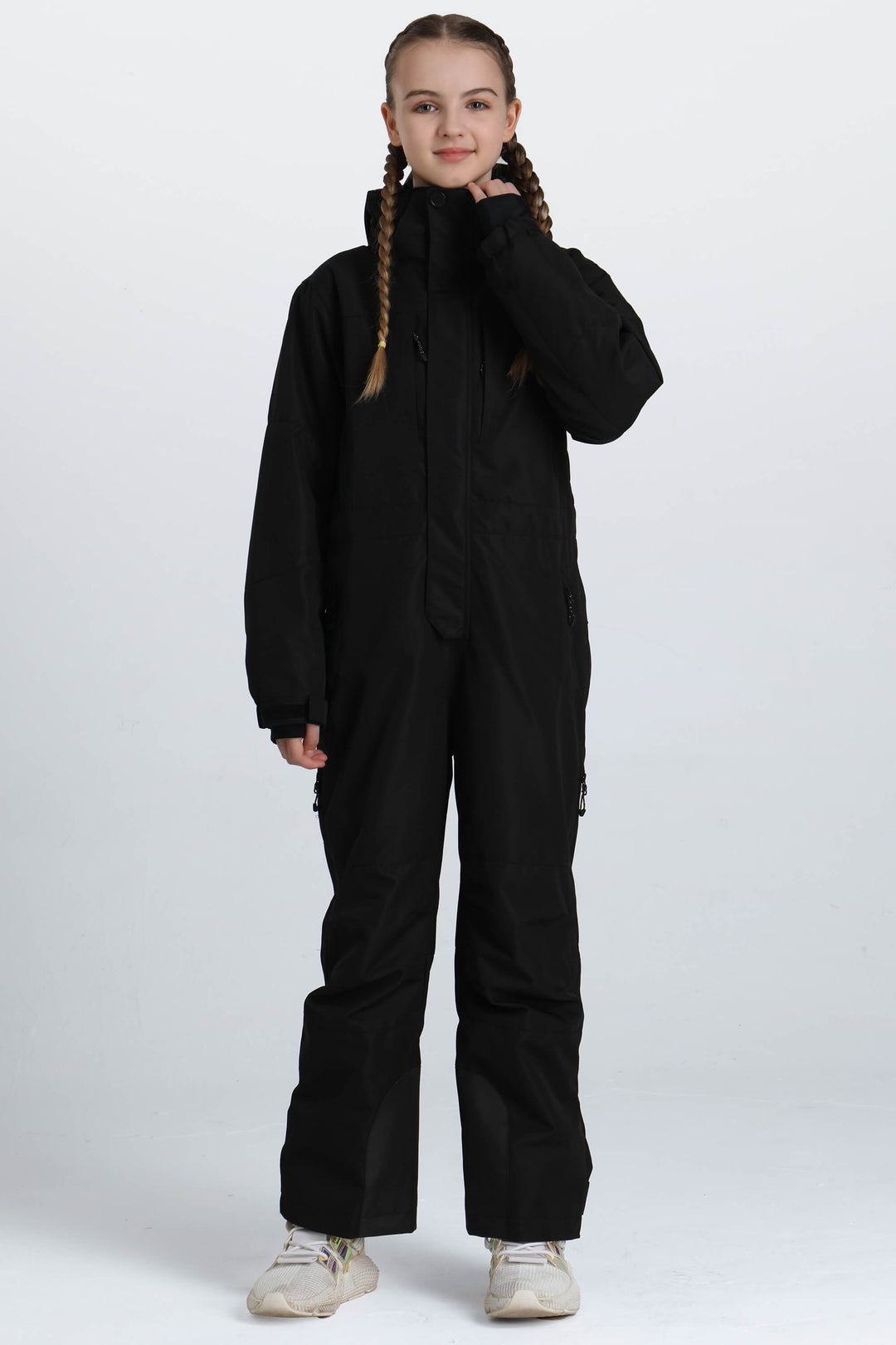 Girls' Black Contrast-Panel Insulated One-Piece Ski Suit