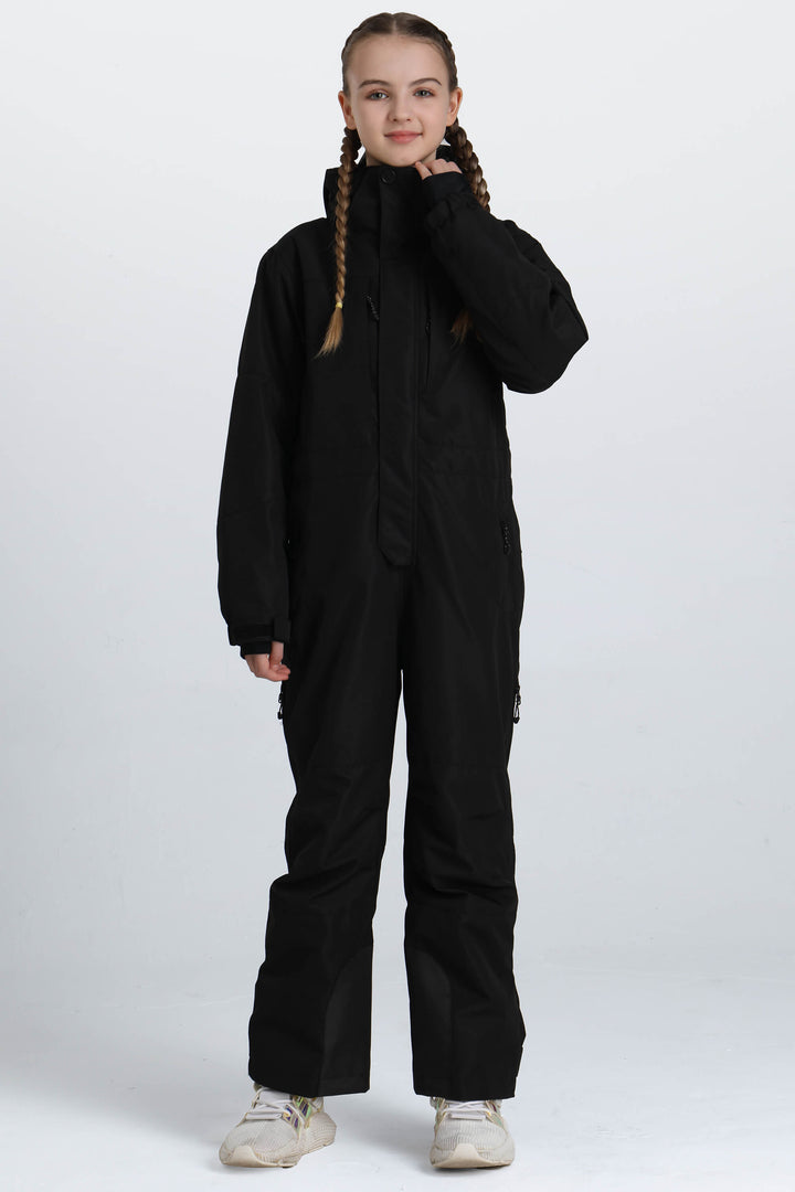 Girls' Black Contrast-Panel Insulated One-Piece Ski Suit