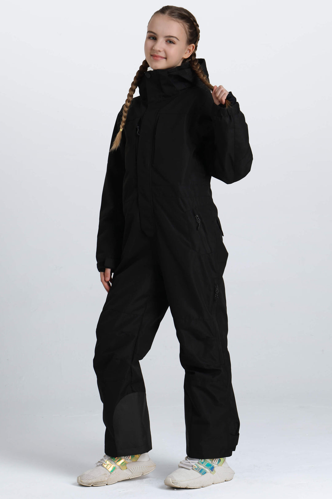 Girls' Black Contrast-Panel Insulated One-Piece Ski Suit