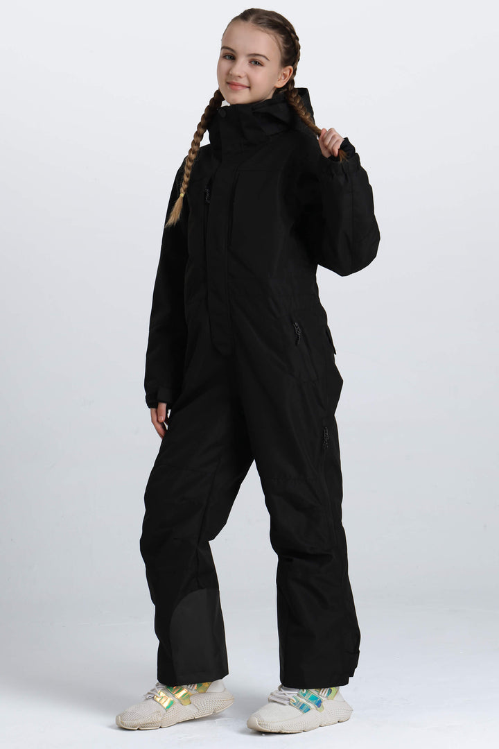 Girls' Black Contrast-Panel Insulated One-Piece Ski Suit