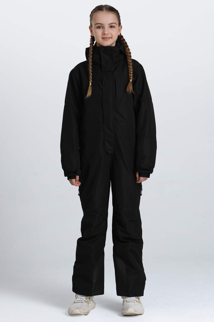Girls' Black Contrast-Panel Insulated One-Piece Ski Suit