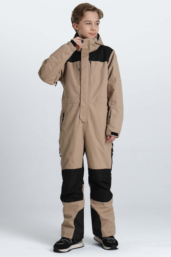 Boys' Off White Contrast-Panel Insulated One-Piece Ski Suit
