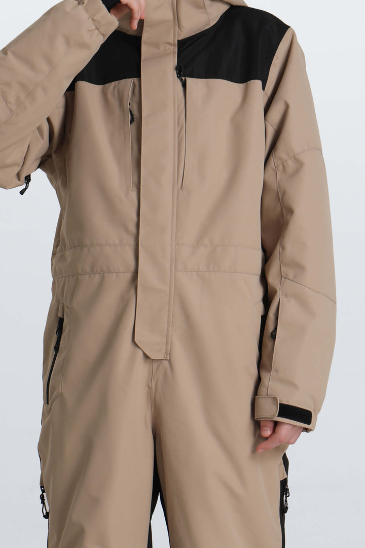 Boys' Khaki Contrast-Panel Insulated One-Piece Ski Suit