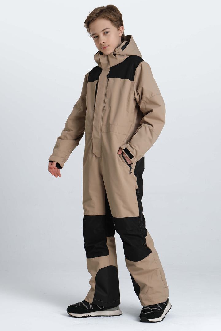 Boys' Off White Contrast-Panel Insulated One-Piece Ski Suit