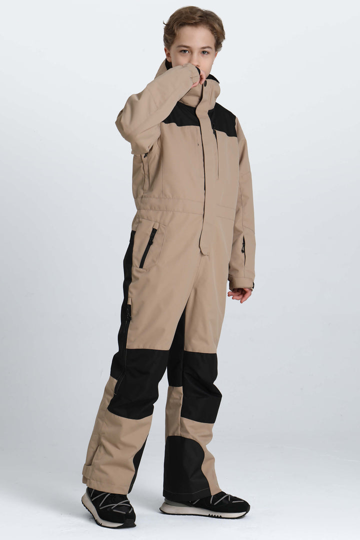 Boys' Khaki Contrast-Panel Insulated One-Piece Ski Suit