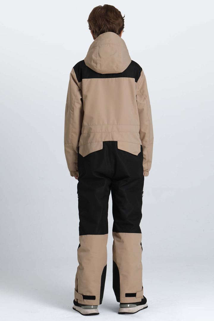 Boys' Khaki Contrast-Panel Insulated One-Piece Ski Suit
