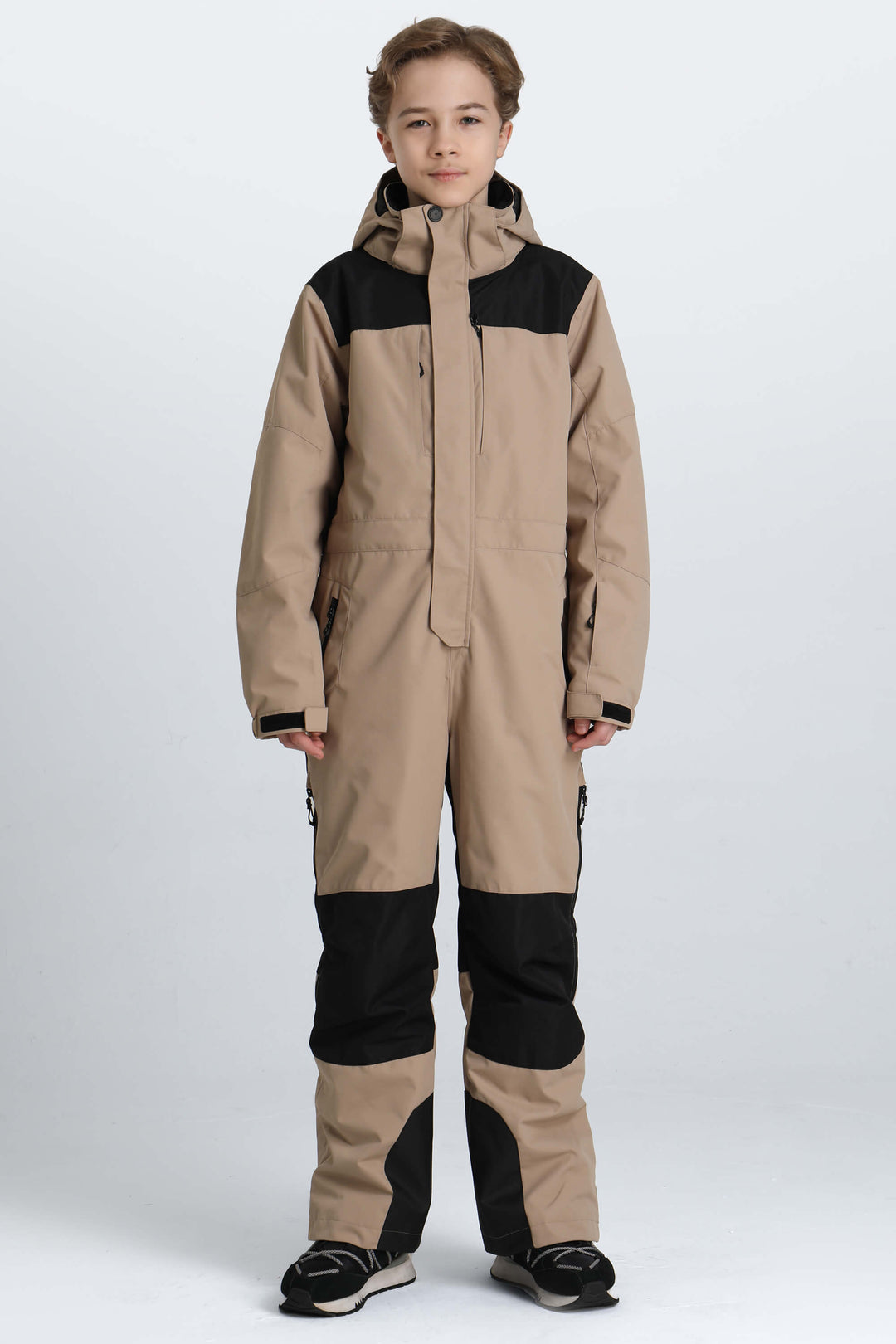 Boys' Khaki Contrast-Panel Insulated One-Piece Ski Suit