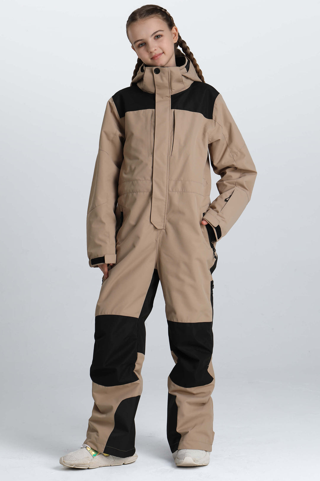 Girls' Black Contrast-Panel Insulated One-Piece Ski Suit