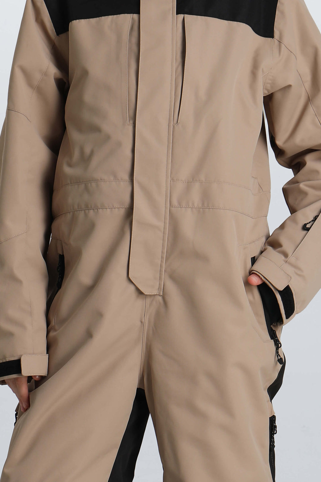 Girls' Khaki Contrast-Panel Insulated One-Piece Ski Suit