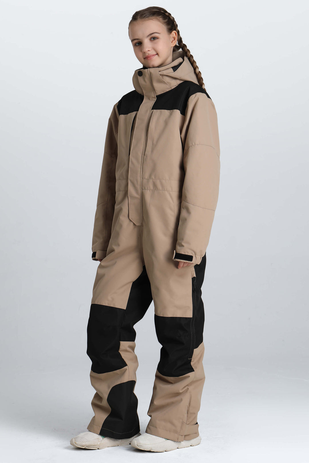 Girls' Black Contrast-Panel Insulated One-Piece Ski Suit