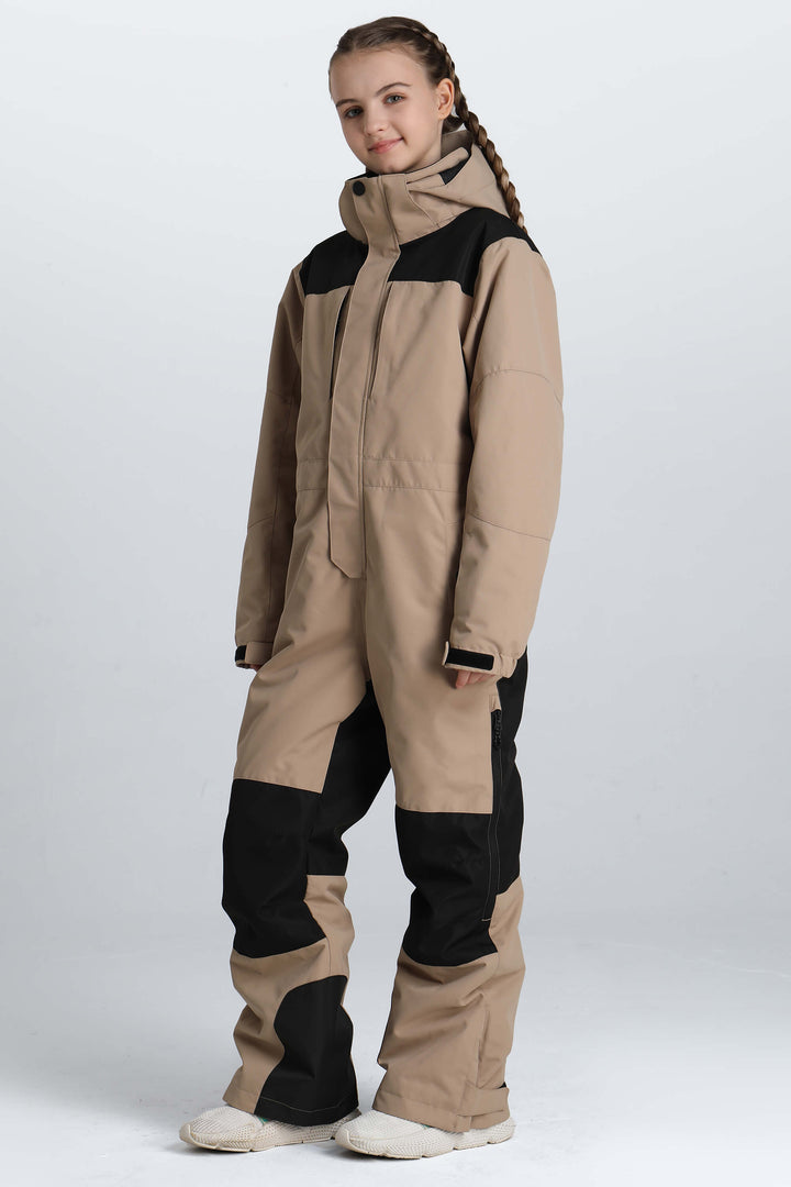 Girls' Black Contrast-Panel Insulated One-Piece Ski Suit