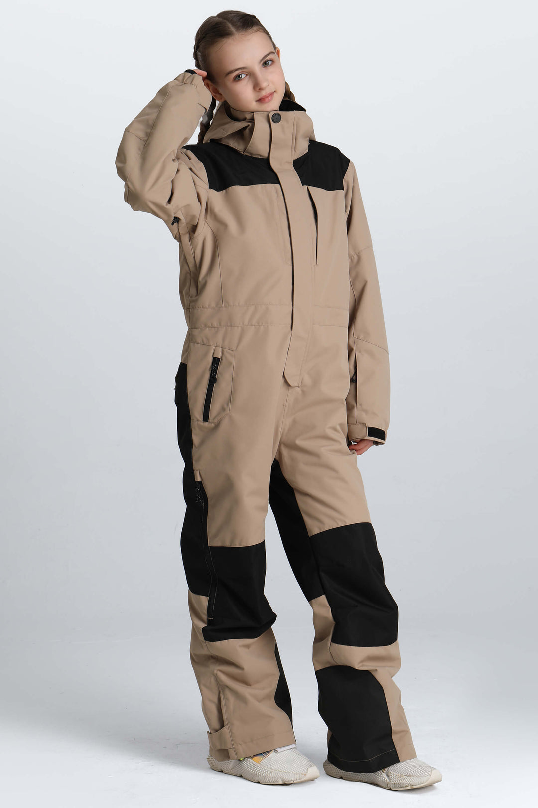 Girls' Khaki Contrast-Panel Insulated One-Piece Ski Suit