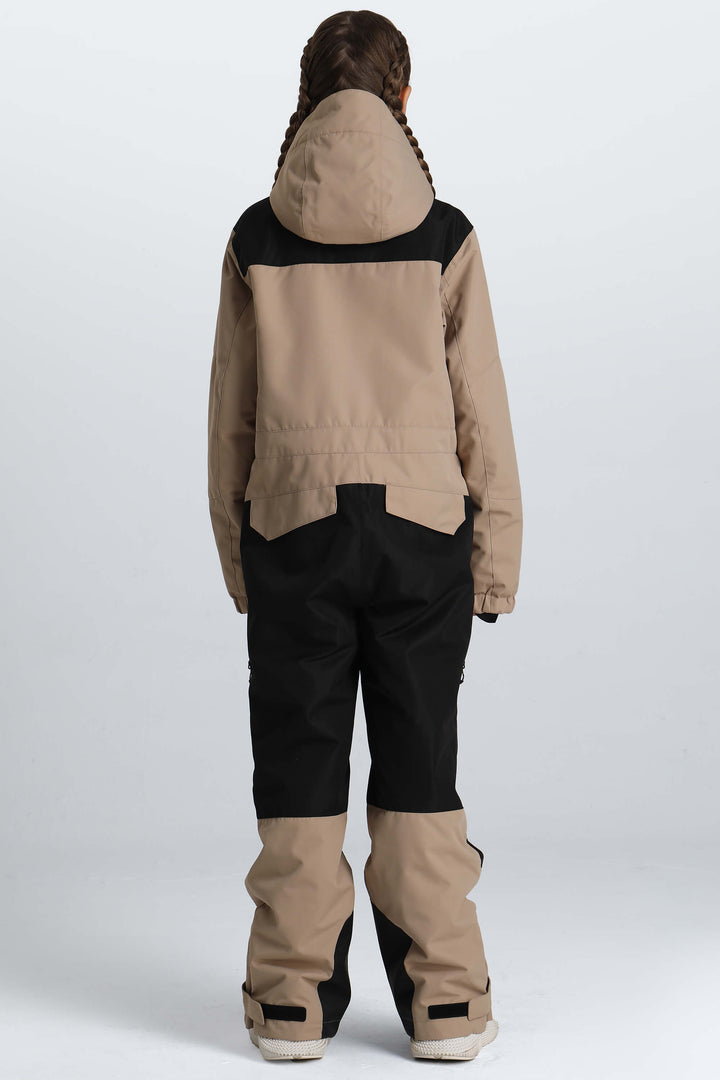 Girls' Khaki Contrast-Panel Insulated One-Piece Ski Suit
