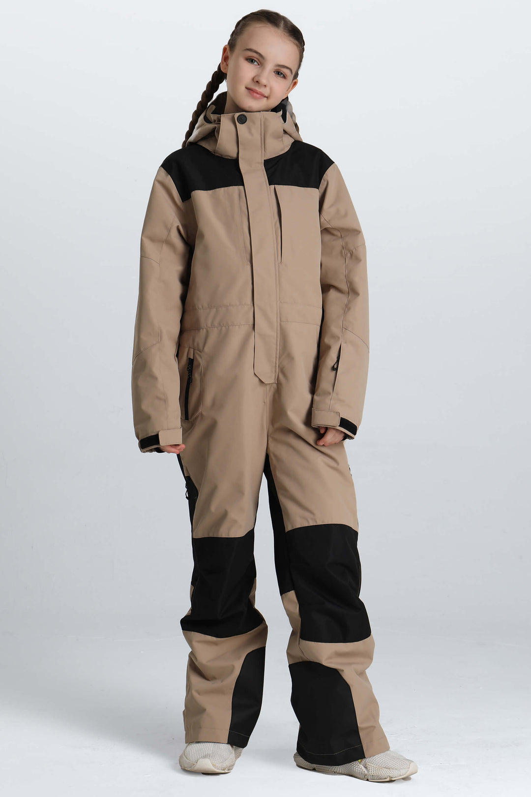 Girls' Khaki Contrast-Panel Insulated One-Piece Ski Suit
