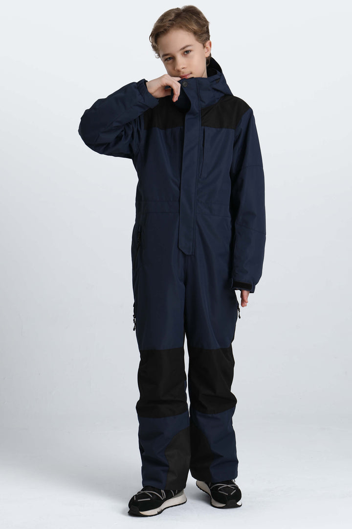 Boys' Off White Contrast-Panel Insulated One-Piece Ski Suit