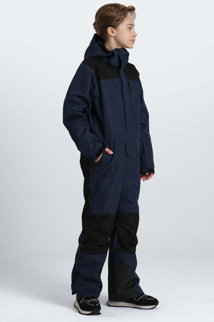 Boys' Off White Contrast-Panel Insulated One-Piece Ski Suit