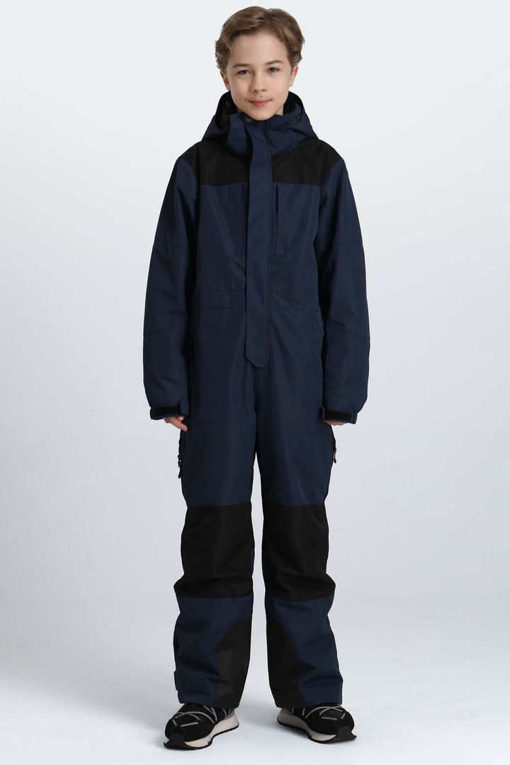 Boys' Navy Blue Contrast-Panel Insulated One-Piece Ski Suit