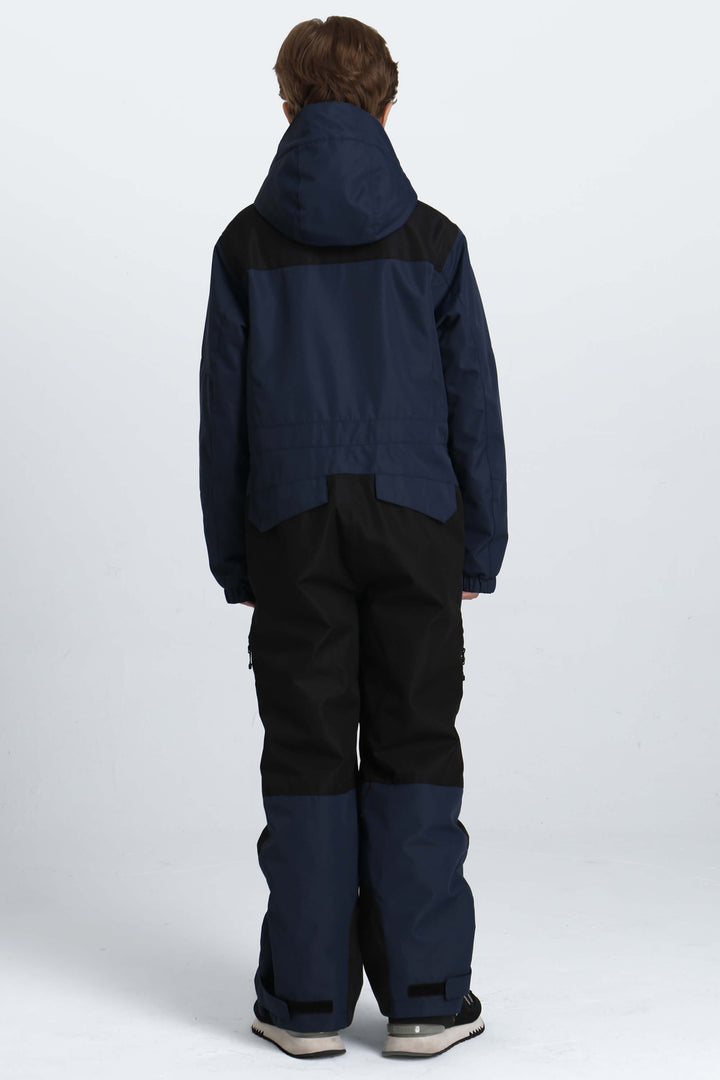 Boys' Navy Blue Contrast-Panel Insulated One-Piece Ski Suit