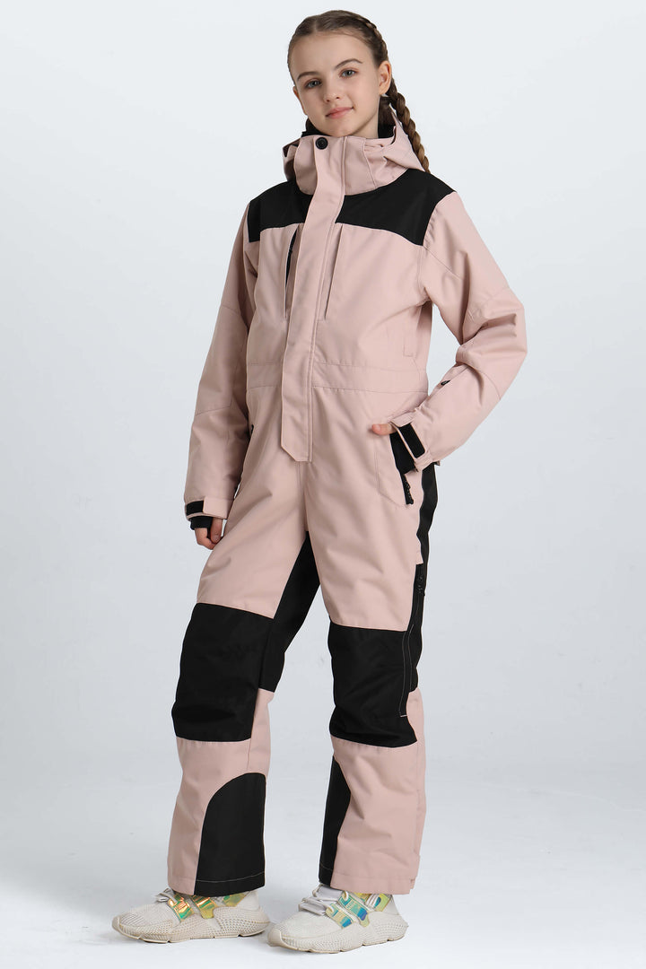 Girls' Black Contrast-Panel Insulated One-Piece Ski Suit