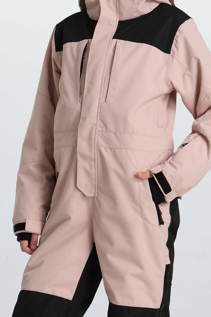 Girls' Pink Contrast-Panel Insulated One-Piece Ski Suit