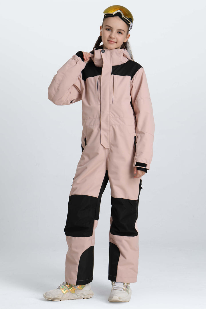 Girls' Black Contrast-Panel Insulated One-Piece Ski Suit