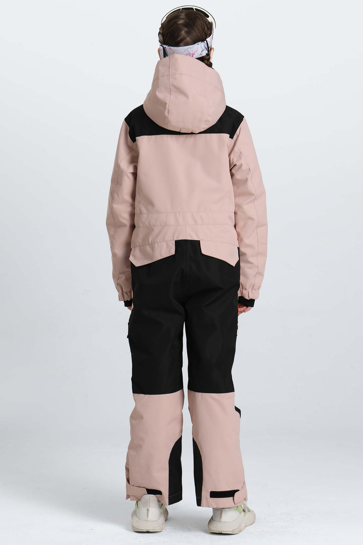 Girls' Pink Contrast-Panel Insulated One-Piece Ski Suit