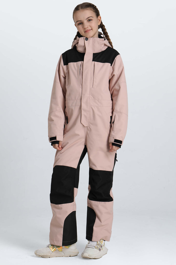 Girls' Off White Contrast-Panel Insulated One-Piece Ski Suit