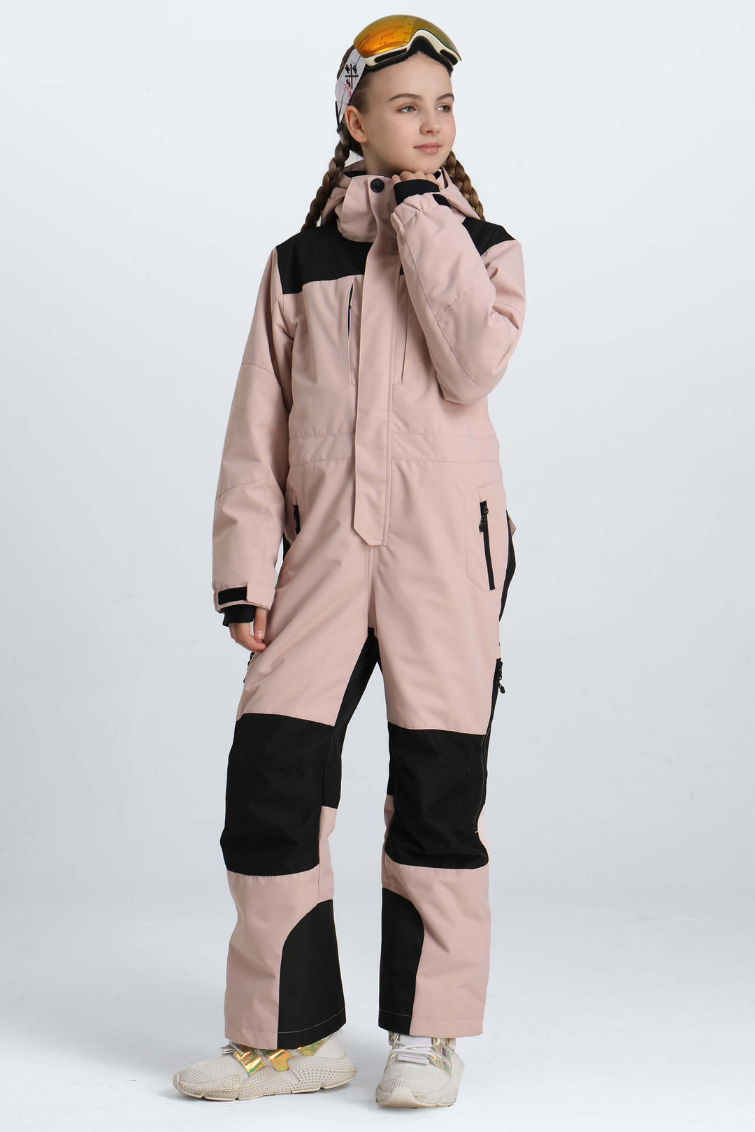 Girls' Pink Contrast-Panel Insulated One-Piece Ski Suit