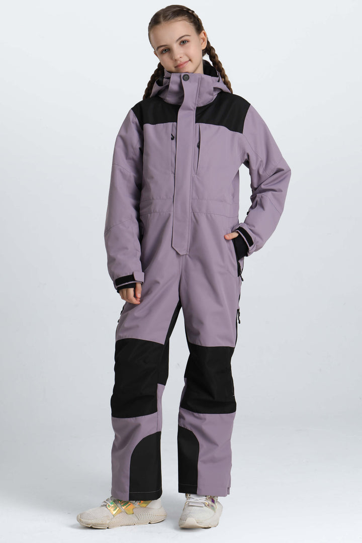 Girls' Black Contrast-Panel Insulated One-Piece Ski Suit