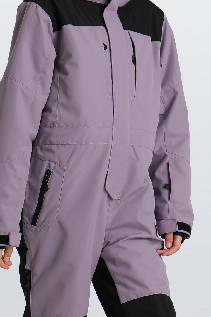 Girls' Lavender Contrast-Panel Insulated One-Piece Ski Suit