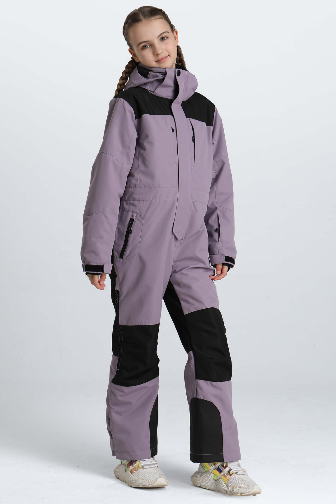 Girls' Black Contrast-Panel Insulated One-Piece Ski Suit