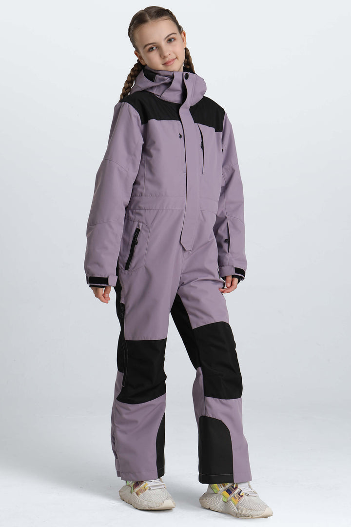 Girls' Black Contrast-Panel Insulated One-Piece Ski Suit
