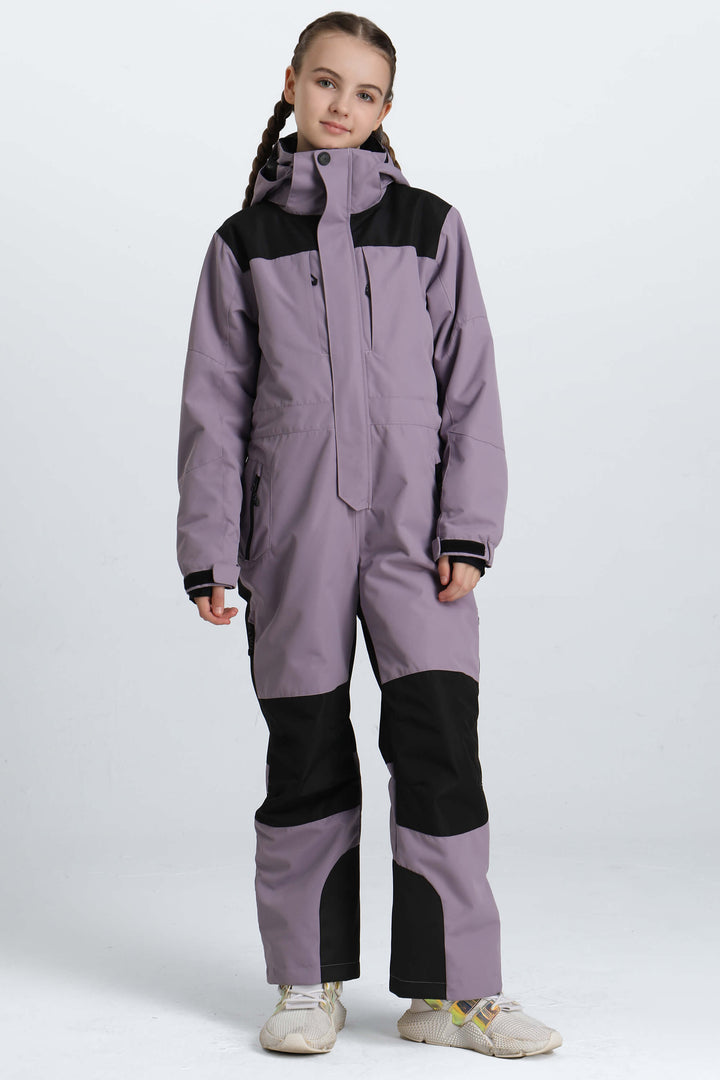 Girls' Lavender Contrast-Panel Insulated One-Piece Ski Suit