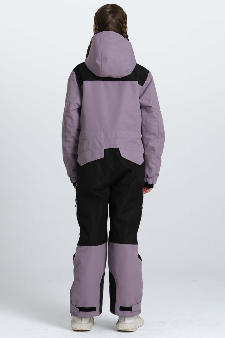 Girls' Lavender Contrast-Panel Insulated One-Piece Ski Suit