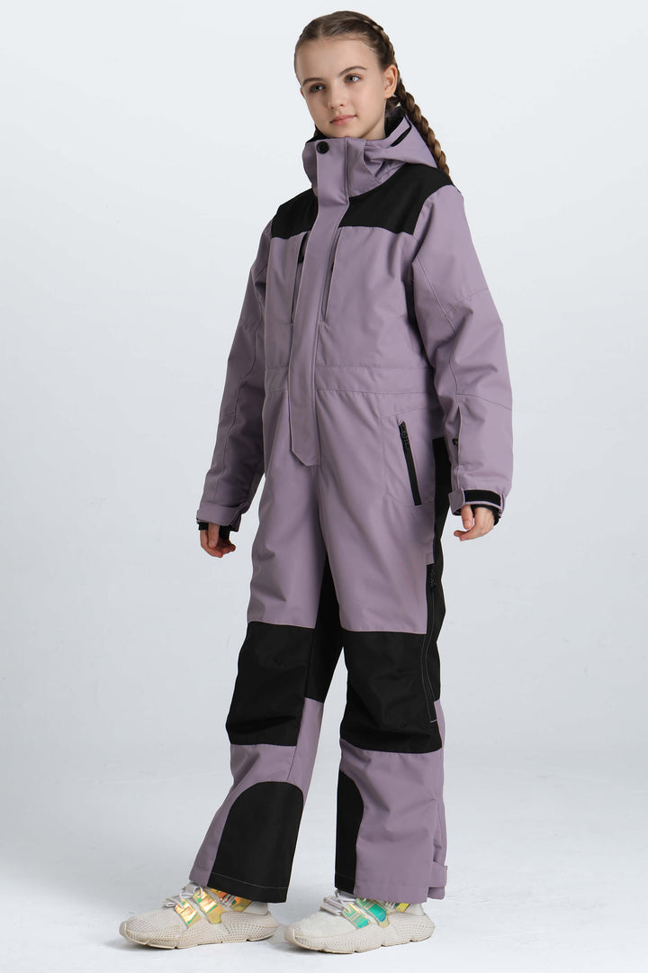 Girls' Off White Contrast-Panel Insulated One-Piece Ski Suit