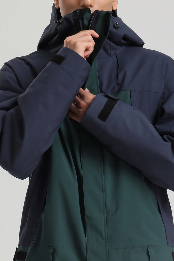 メンズ ブラック＆グリーン 断熱カラーブロック ユーティリティバギーワンピーススキースーツ